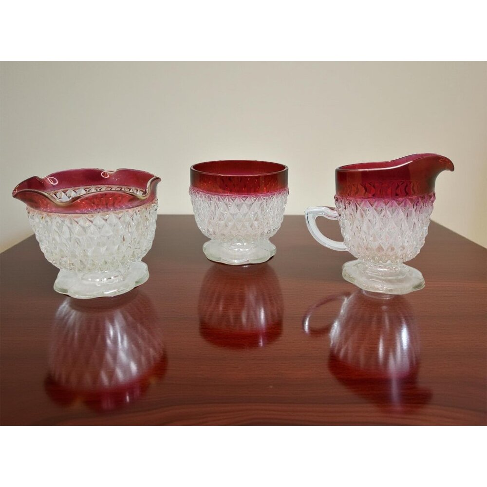 vintage 1960s indiana glass diamond point sugar creamer and condiment bowl